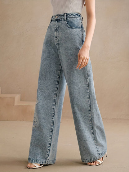 Calça Jeans Wide Leg Bordada com Elastano