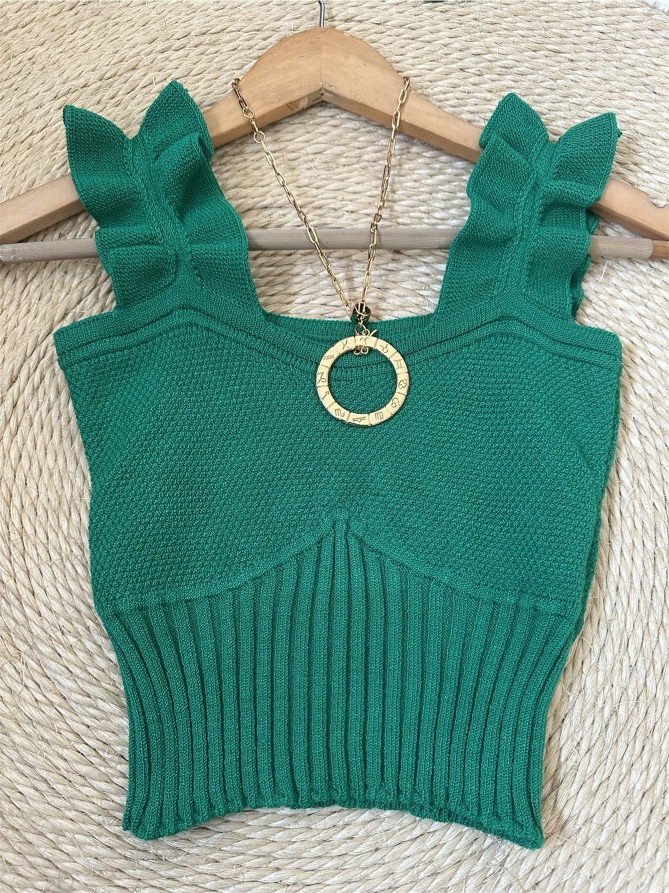 Top Cropped Tricot Feminino com Babados nas Alças Canelado Elegante