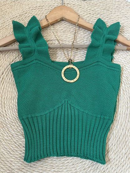 Top Cropped Tricot Feminino com Babados nas Alças Canelado Elegante