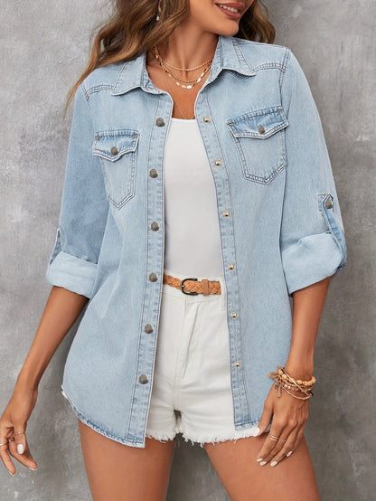 Camisa Jeans Feminina Manga Longa com Bolsos Frontais Casual