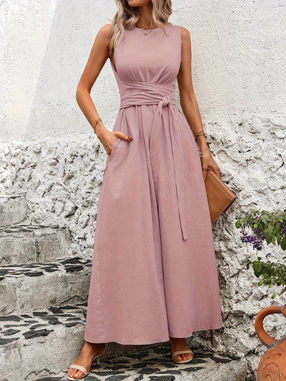 Vestido Casual Sem Mangas com Amarração nas Costas em Cor Sólida