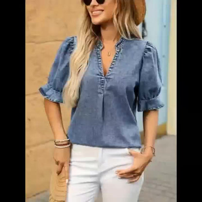 Blusa Jeans Feminina Decote V com Manga Bufante e Babado Romântica