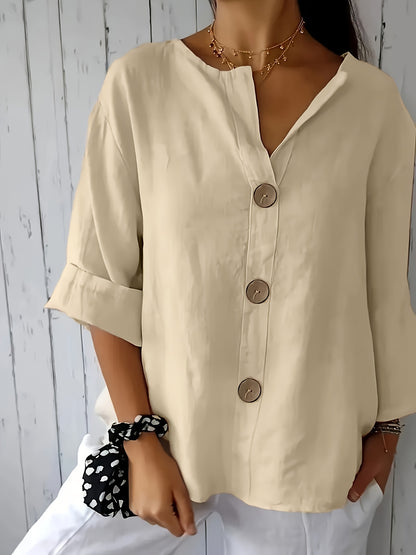 Blusa Feminina Linho Manga 3/4 com Botões Frontais Decote V Casual