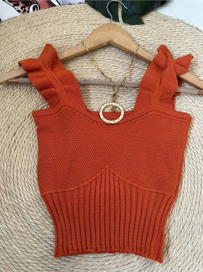 Top Cropped Tricot Feminino com Babados nas Alças Canelado Elegante