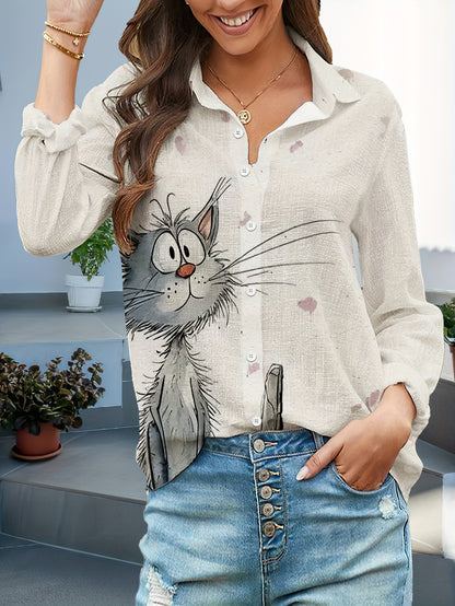 Camisa Feminina Manga Longa Estampa Gato Cinza Casual Oversized