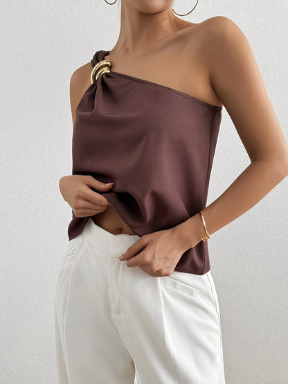 Top Cropped Feminino Ombro Único com Argola Dourada Cetim Elegante