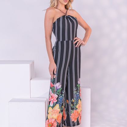 Macacão Feminino Listrado Floral Alça Única Perna Larga Elegante