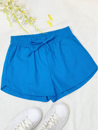 Shorts Feminino Linho Cintura Alta Elástica com Amarração Casual