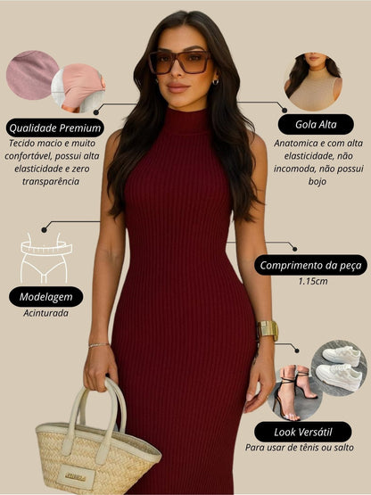 Vestido Midi Tubinho Gola Alta Sem Mangas Canelado Elegante