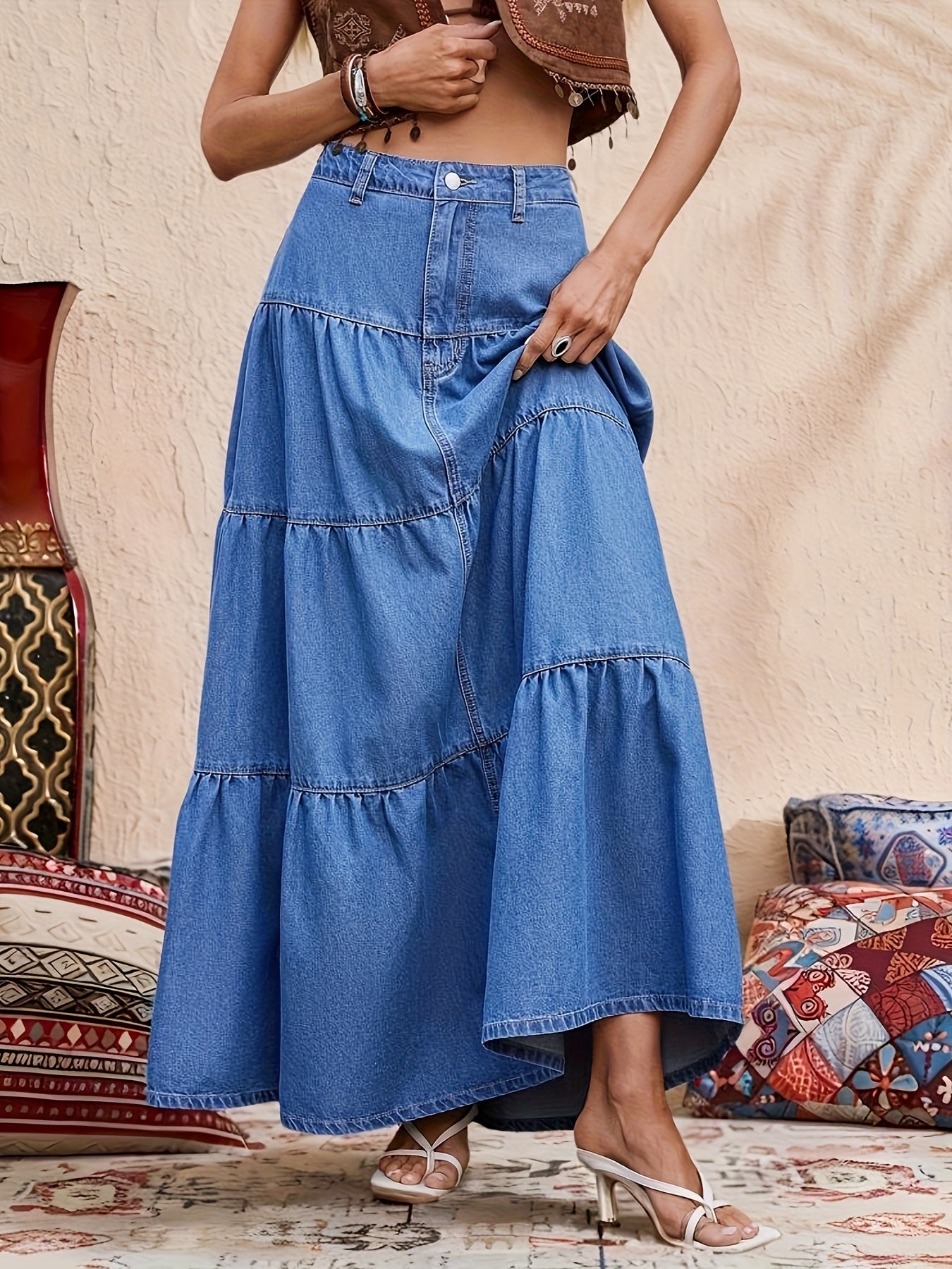 Saia Longa Jeans com Babados em Camadas Estilo Boho Casual