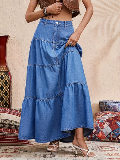 Saia Longa Jeans com Babados em Camadas Estilo Boho Casual