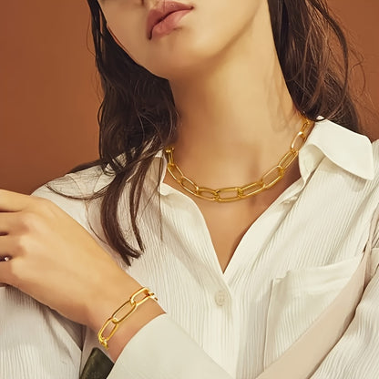 Kit 2 Peças Pulseira e Colar Feminino Aço Inoxidável Dourado Elegante Luxo Férias