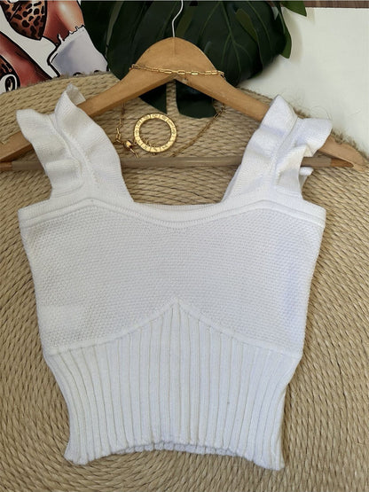 Top Cropped Tricot Feminino com Babados nas Alças Canelado Elegante