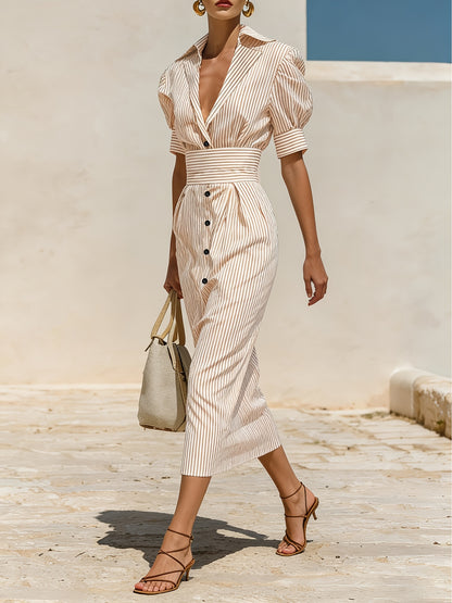 Vestido Midi Listrado com Mangas Bufantes Cinto e Botões Frontais