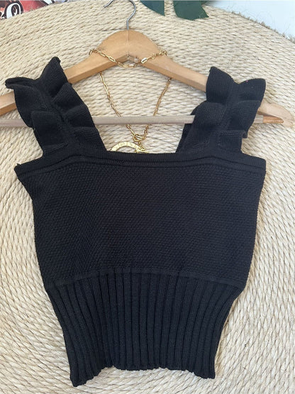 Top Cropped Tricot Feminino com Babados nas Alças Canelado Elegante