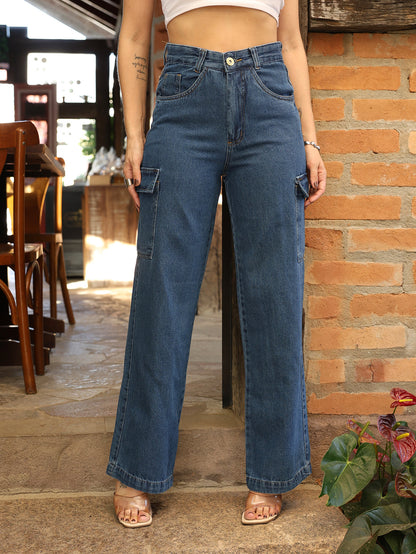 Calça Cargo Feminina Pantalona com Bolsos Laterais e Zíper