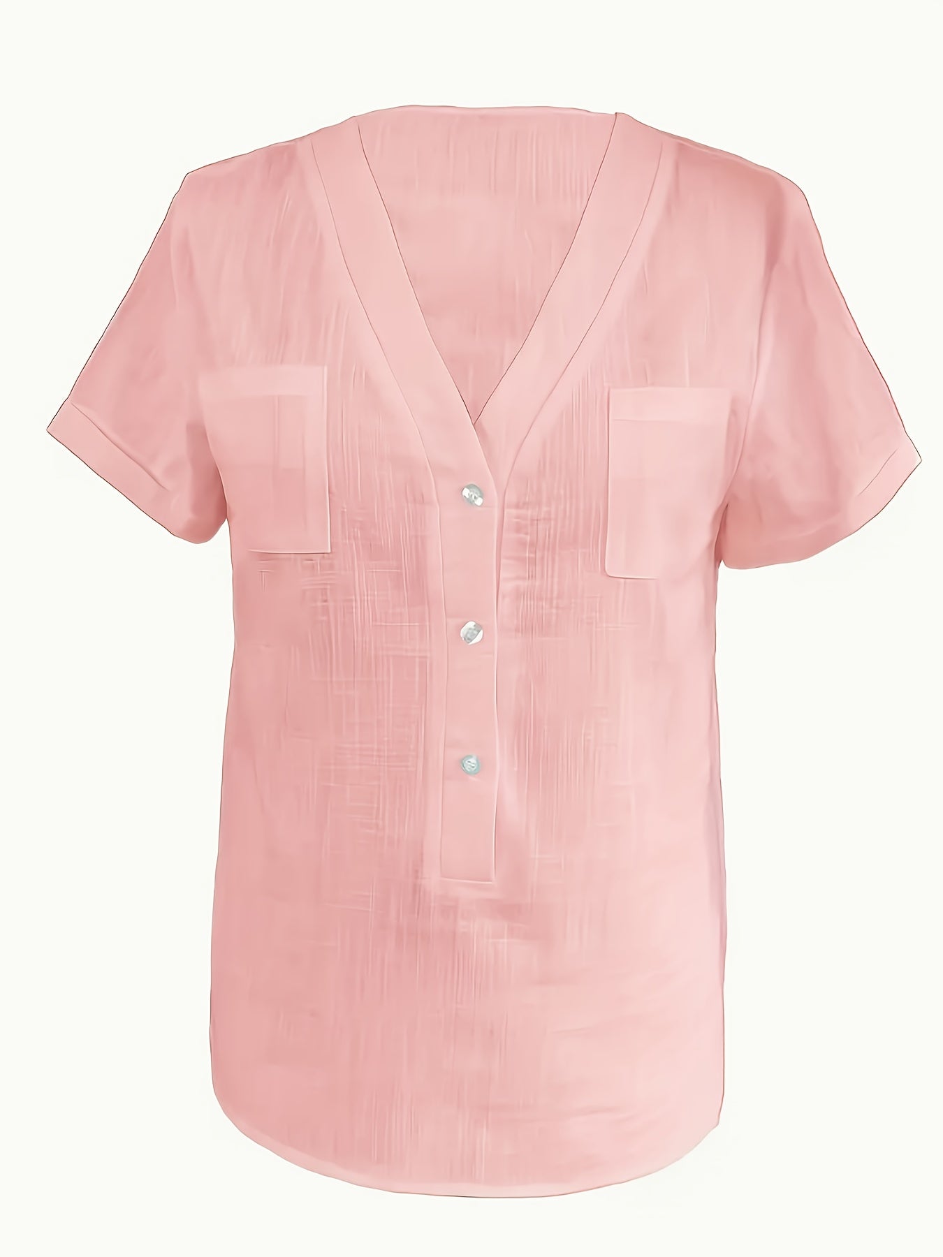 Blusa Feminina Linho Manga Curta Decote V com Bolsos Frontais Casual