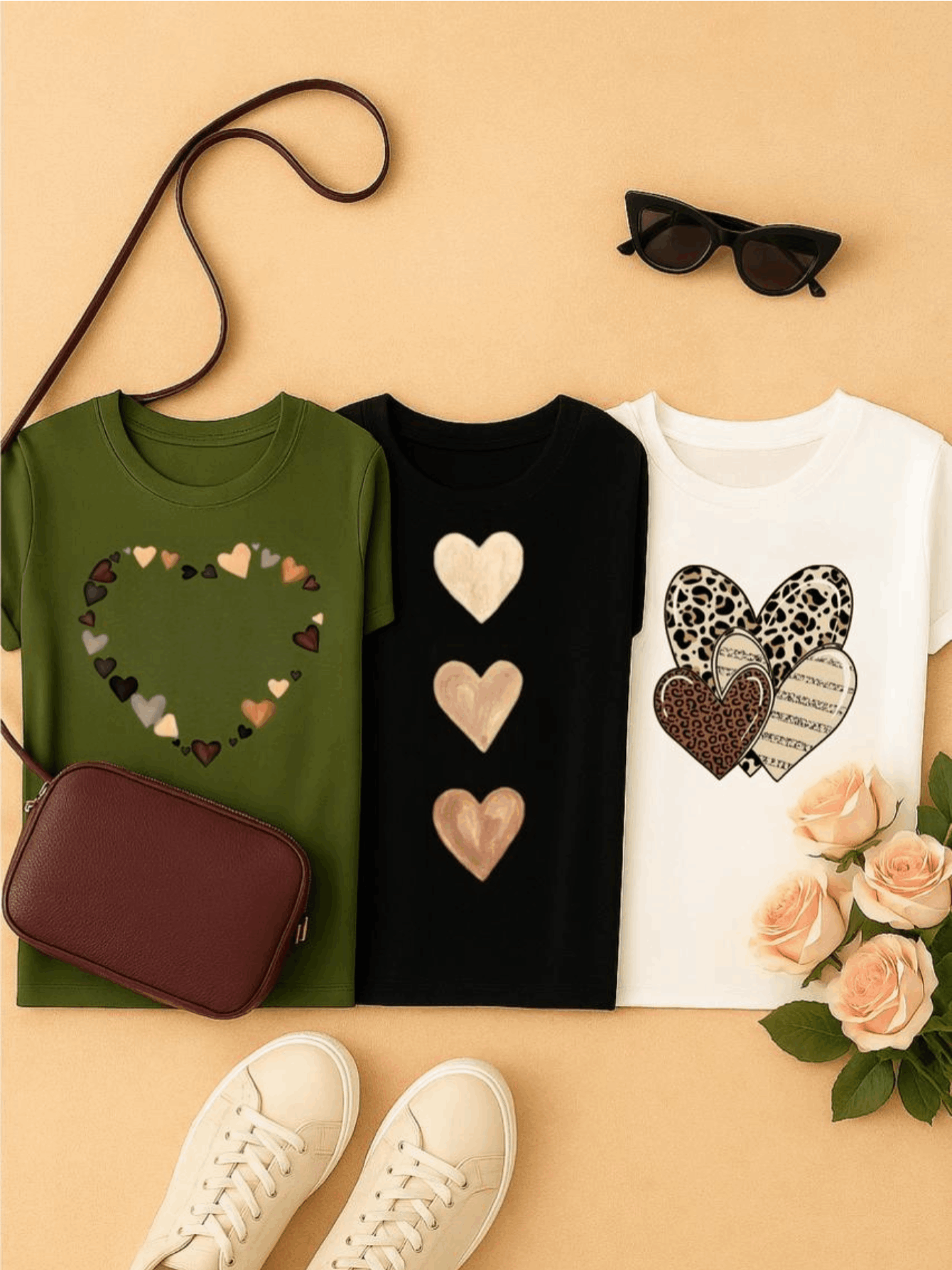 Camiseta Feminina Algodão com Estampa Coração Camuflado Casual