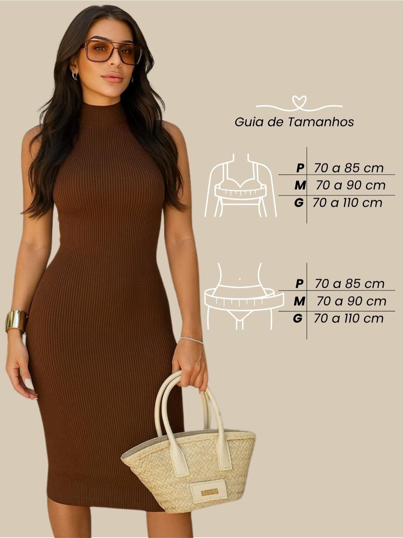 Vestido Midi Tubinho Gola Alta Sem Mangas Canelado Elegante