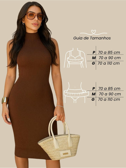 Vestido Midi Tubinho Gola Alta Sem Mangas Canelado Elegante