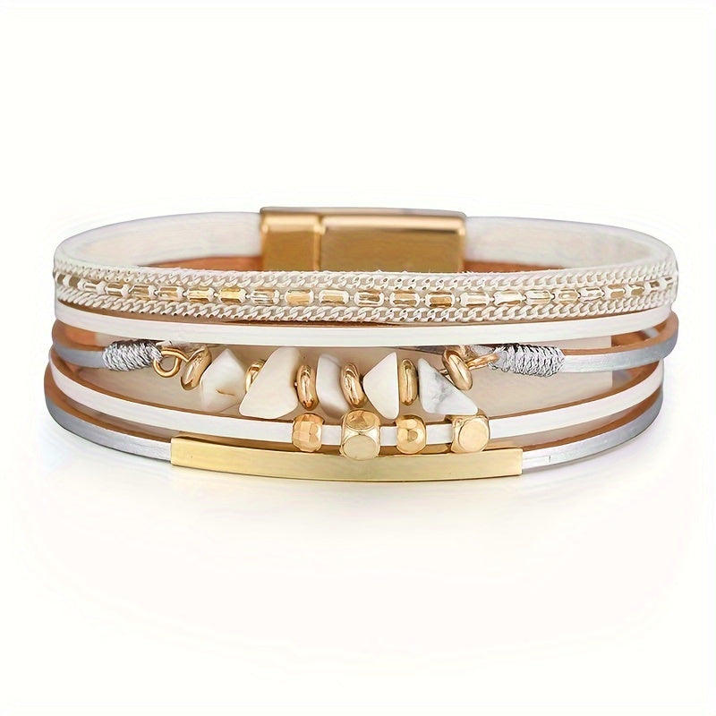 Pulseira Feminina Artesanal Turquesa Irregular Couro Fecho Magnético Boho