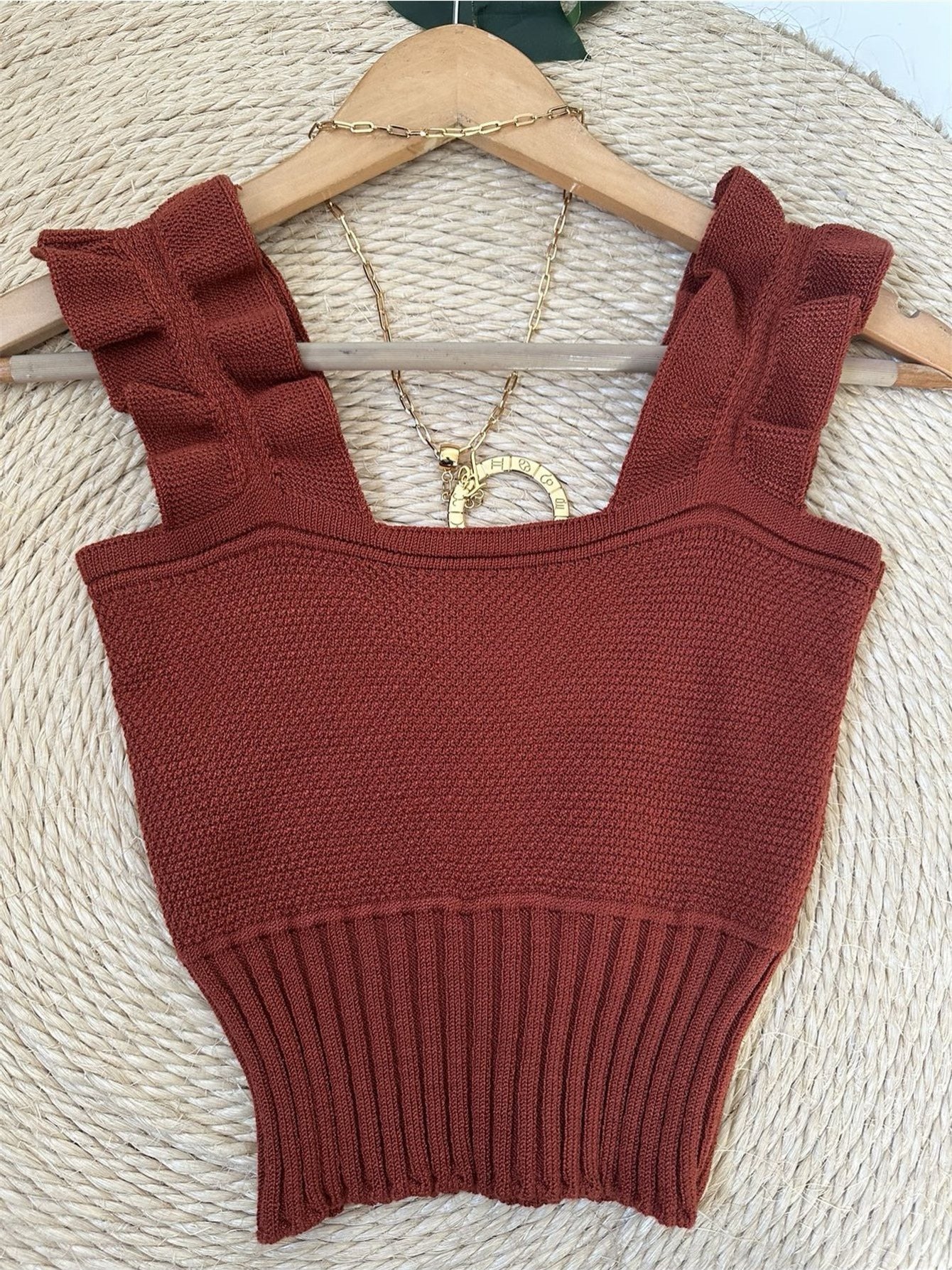Top Cropped Tricot Feminino com Babados nas Alças Canelado Elegante