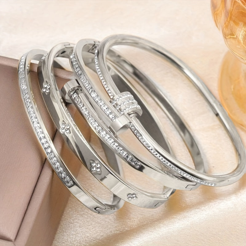 Kit 4 Pulseiras Femininas Elegantes Aço Inoxidável Zircônia Banho Ouro 18K Resistente Água