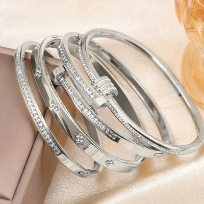 Kit 4 Pulseiras Femininas Elegantes Aço Inoxidável Zircônia Banho Ouro 18K Resistente Água