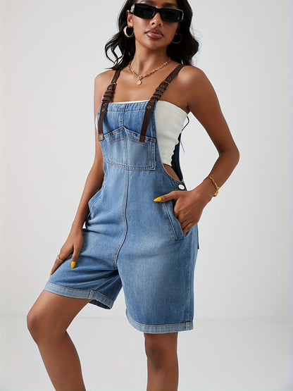 Jardineira Jeans Feminina Shorts com Alças Ajustáveis Casual Verão