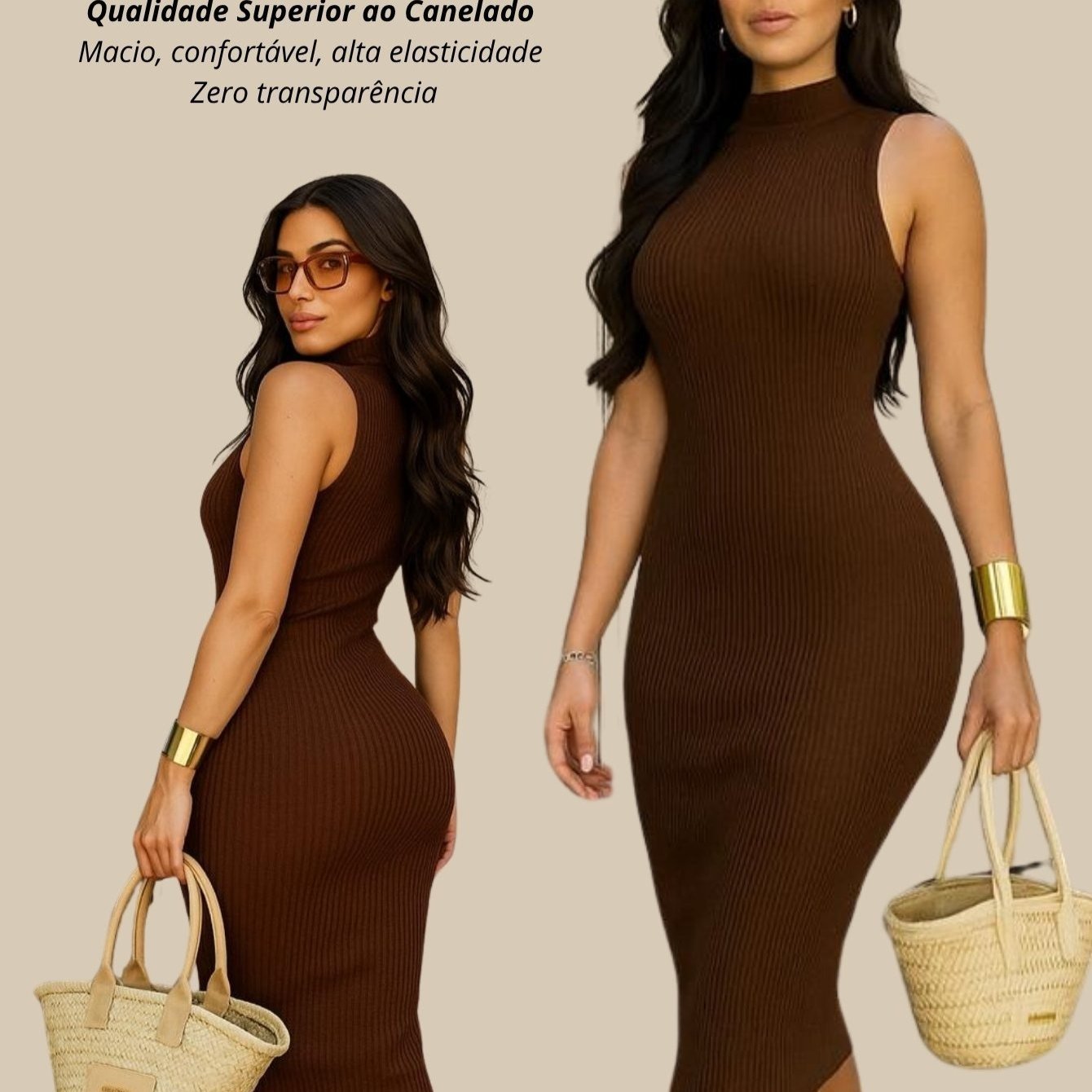 Vestido Midi Tubinho Gola Alta Sem Mangas Canelado Elegante