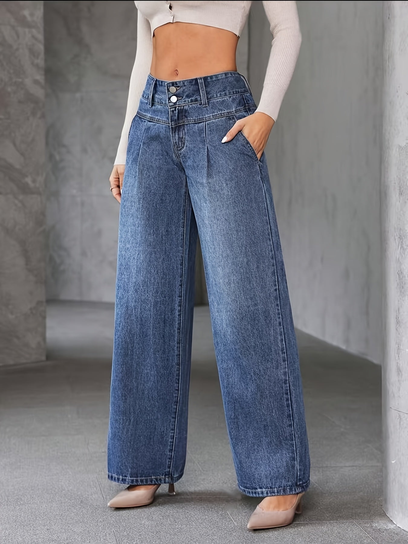 Calça Jeans Pantalona Feminina Cintura Alta Reta Elegante