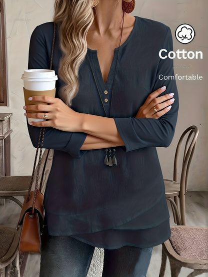Blusa Feminina Manga 3/4 Decote V com Botões Barra Assimétrica Casual