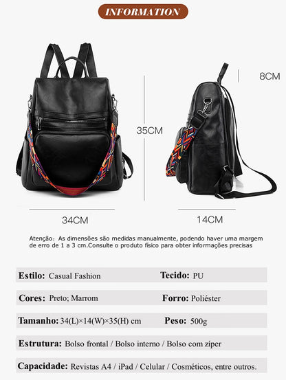 Mochila Feminina Couro Sintético Alça Colorida Trabalho Escola Viagem