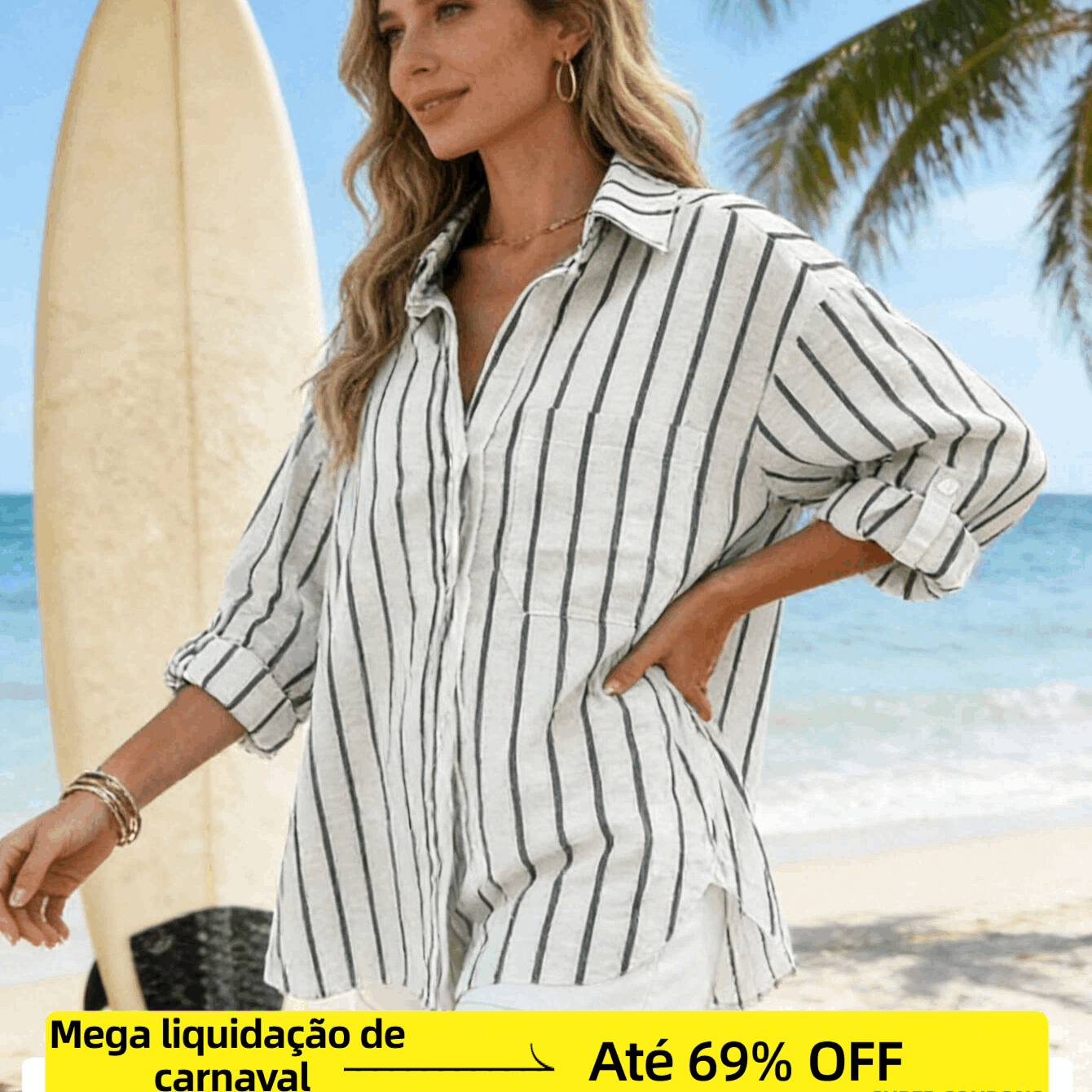Camisa Feminina Linho Listrada Manga 3/4 Oversized com Bolsos Casual