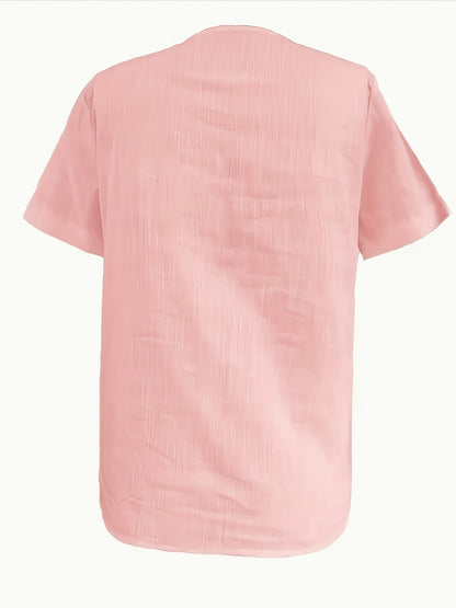 Blusa Feminina Linho Manga Curta Decote V com Bolsos Frontais Casual