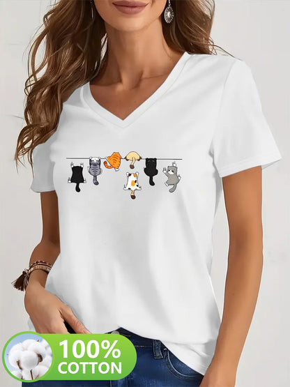 Camiseta Feminina Algodão Decote V Estampa Gatos Divertida Casual