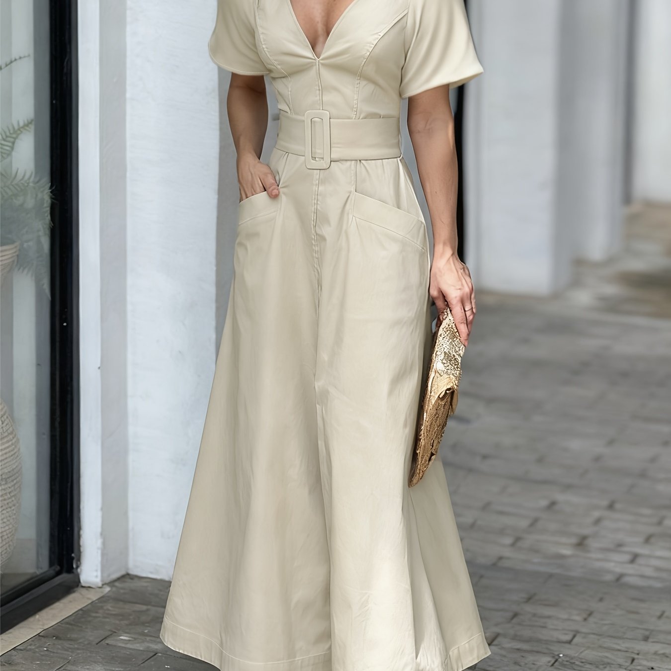 Vestido Comprido de Cor Sólida com Decote em V, Folhos, Cintura Ajustada e Bolsos