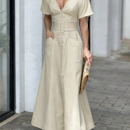 Vestido Comprido de Cor Sólida com Decote em V, Folhos, Cintura Ajustada e Bolsos