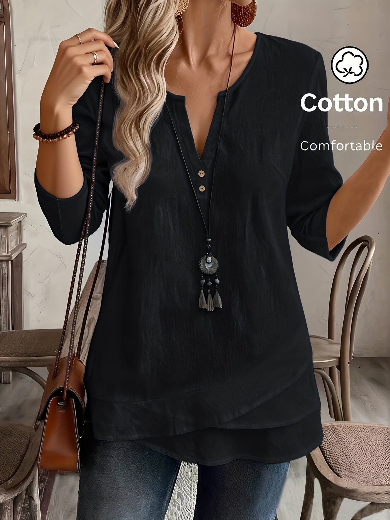 Blusa Feminina Manga 3/4 Decote V com Botões Barra Assimétrica Casual