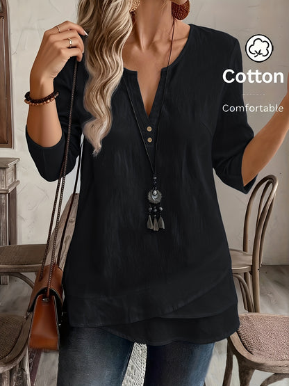 Blusa Feminina Manga 3/4 Decote V com Botões Barra Assimétrica Casual