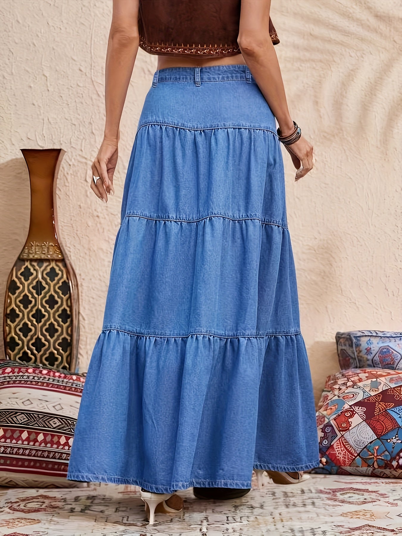 Saia Longa Jeans com Babados em Camadas Estilo Boho Casual