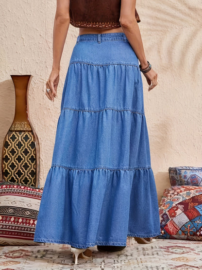 Saia Longa Jeans com Babados em Camadas Estilo Boho Casual