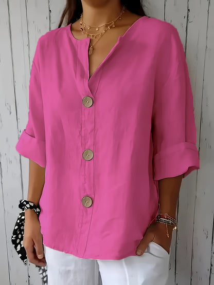 Blusa Feminina Linho Manga 3/4 com Botões Frontais Decote V Casual
