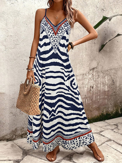 Vestido Longo Animal Print Zebra e Onça com Alças Finas Decote V