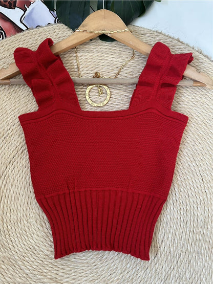 Top Cropped Tricot Feminino com Babados nas Alças Canelado Elegante