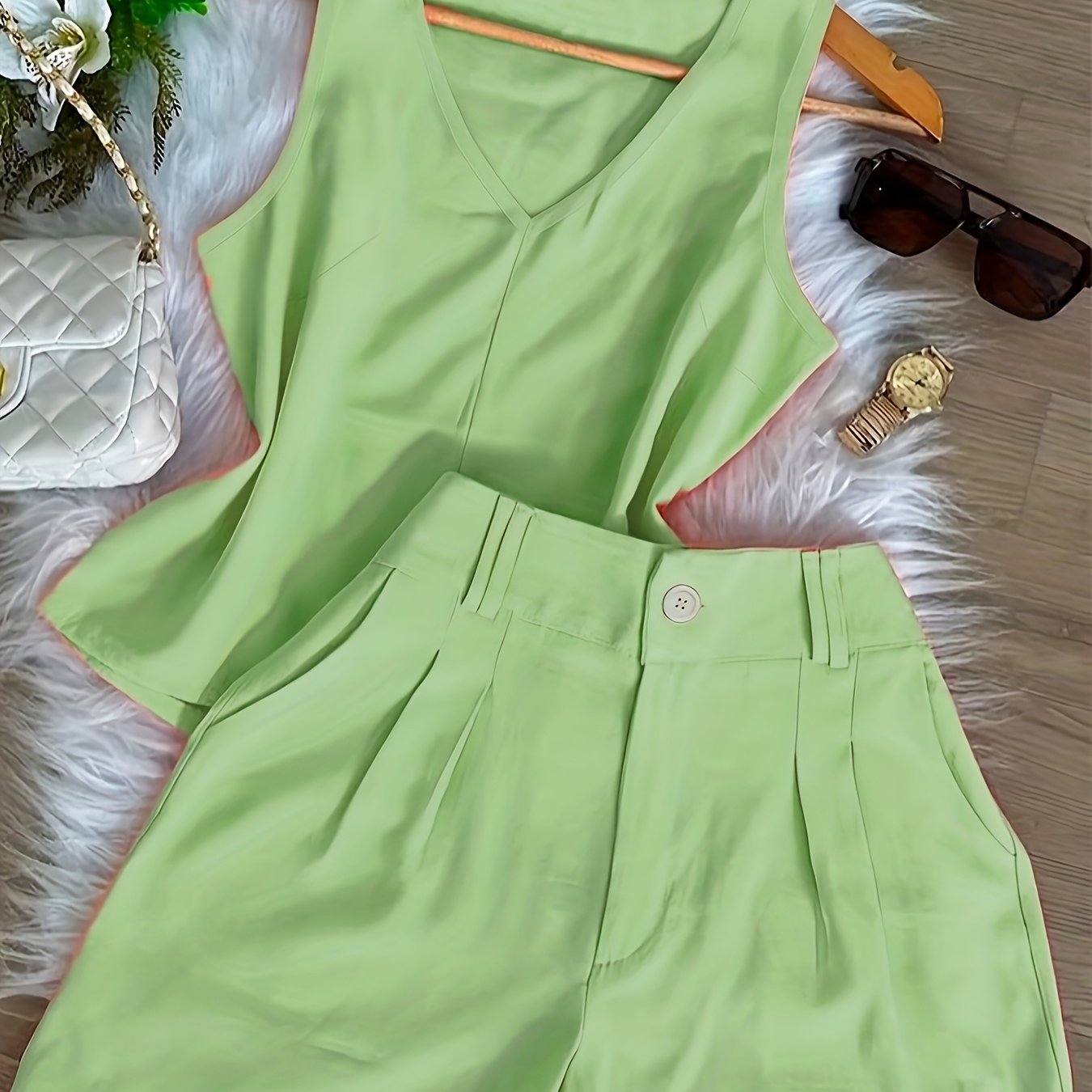 Conjunto Feminino Regata Decote V e Shorts Alfaiataria Casual Verão