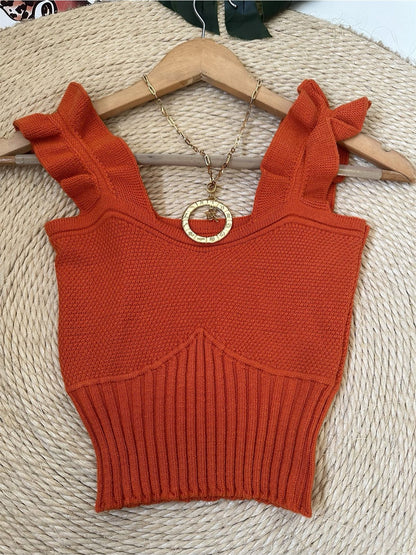 Top Cropped Tricot Feminino com Babados nas Alças Canelado Elegante