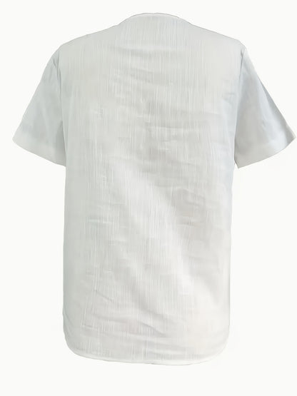 Blusa Feminina Linho Manga Curta Decote V com Bolsos Frontais Casual