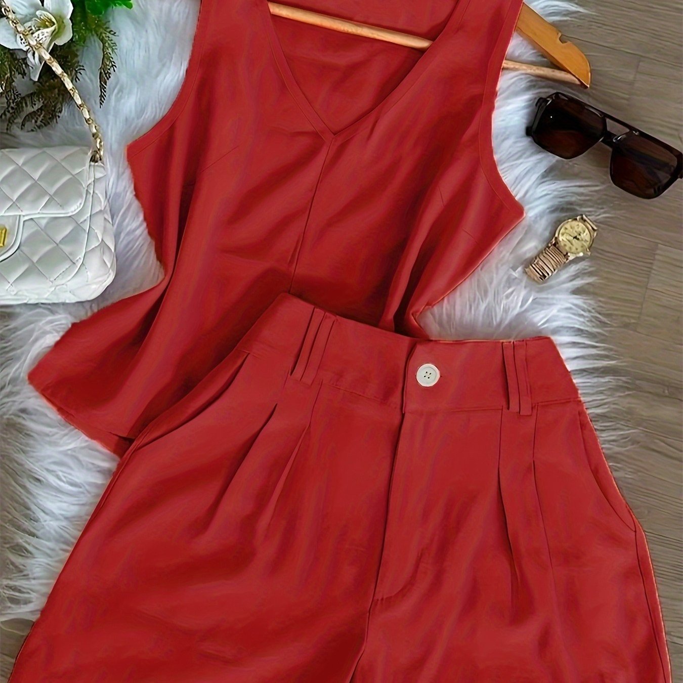 Conjunto Feminino Regata Decote V e Shorts Alfaiataria Casual Verão