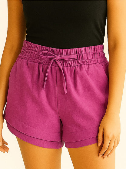 Shorts Feminino Linho Cintura Alta Elástica com Amarração Casual